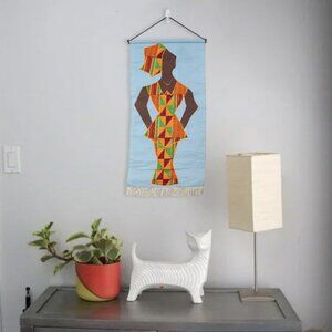 African Wall Fabric Art Scroll Tapestry Woman Ghana Africa Kente Dress Yellow